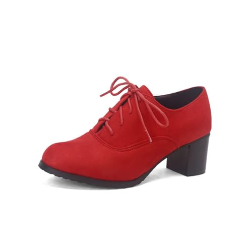 Damen Runde Zehen Wildlederimitat Kleid Pumps Schnüren Vintage Oxfords Mittlerer Blockabsatz Casual Büroschuhe,Rot,39 EU von HXTYXCQ