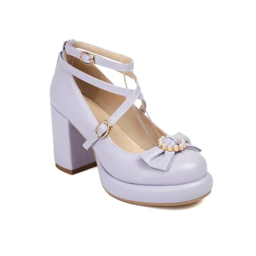 Damen Rundzehen PU-Leder Mary Janes Block Hoher Absatz Plattform-Pumps Mit Schleifen Knöchelriemen Gotische Schuhe Mit Schnalle,Lila,35 EU von HXTYXCQ