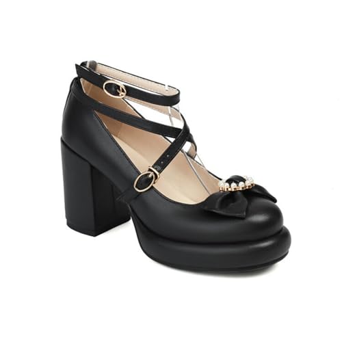 Damen Rundzehen PU-Leder Mary Janes Block Hoher Absatz Plattform-Pumps Mit Schleifen Knöchelriemen Gotische Schuhe Mit Schnalle,Schwarz,35 EU von HXTYXCQ