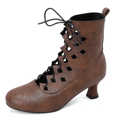 Damen Schnüren Cutout Kurze Stiefel Runde Zehe PU Leder Stiefeletten Mittlerer Kätzchen Absatz Viktorianische Schuhe,Braun,40 EU von HXTYXCQ
