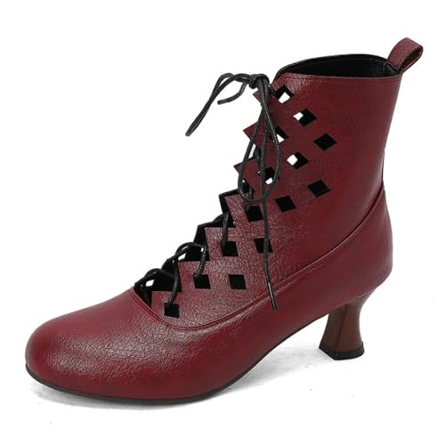 Damen Schnüren Cutout Kurze Stiefel Runde Zehe PU Leder Stiefeletten Mittlerer Kätzchen Absatz Viktorianische Schuhe,Burgundy,38 EU von HXTYXCQ