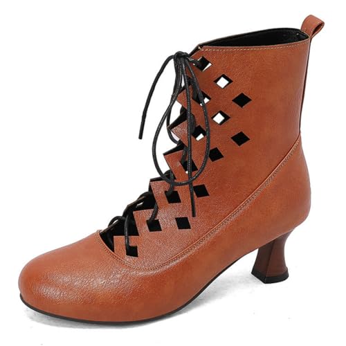 Damen Schnüren Cutout Kurze Stiefel Runde Zehe PU Leder Stiefeletten Mittlerer Kätzchen Absatz Viktorianische Schuhe,Gelb,44 EU von HXTYXCQ