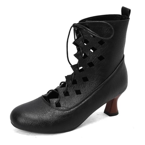 Damen Schnüren Cutout Kurze Stiefel Runde Zehe PU Leder Stiefeletten Mittlerer Kätzchen Absatz Viktorianische Schuhe,Schwarz,43 EU von HXTYXCQ