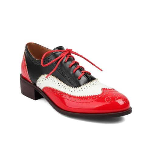 Damen Schnüren Oxford & Derby Runde Zehe PU Leder Brogue Schuhe Niedrigem Absatz Wingtip Kleid Schuhe,Rot,37 EU von HXTYXCQ