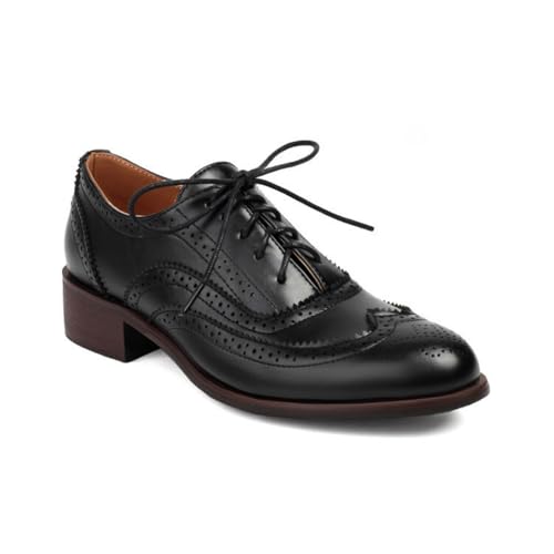 Damen Schnüren Oxford & Derby Runde Zehe PU Leder Brogue Schuhe Niedrigem Absatz Wingtip Kleid Schuhe,Schwarz,41.5 EU von HXTYXCQ