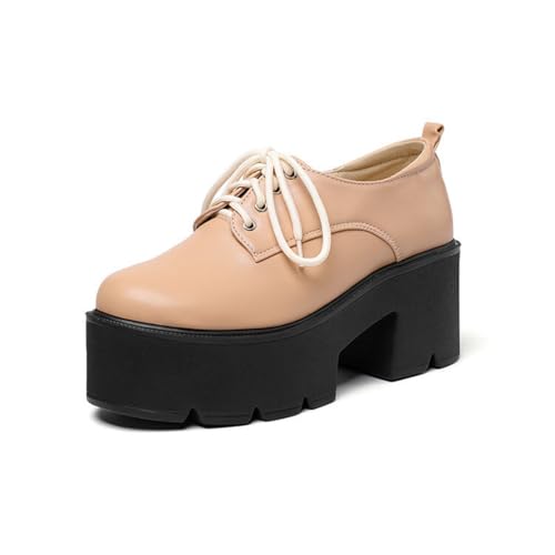 Damen Schnüren PU Leder Kleid Schuhe Runde Zehe Plateau Brogue Oxfords Hoher Stämmiger Ferse Vintage Pumps,Apricot,40 EU von HXTYXCQ