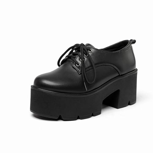 Damen Schnüren PU Leder Kleid Schuhe Runde Zehe Plateau Brogue Oxfords Hoher Stämmiger Ferse Vintage Pumps,Schwarz,38 EU von HXTYXCQ