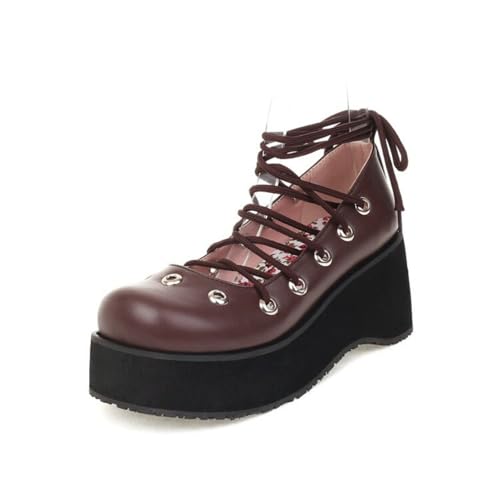 Damen Schnüren Plattform Mary Janes Geschlossene Runde Zehe Lolita Schuhe Hoher Keilabsatz Gothic Punk Schuhe,Braun,39 EU von HXTYXCQ