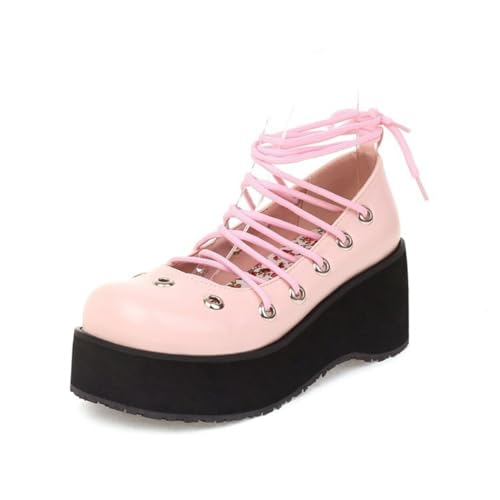 Damen Schnüren Plattform Mary Janes Geschlossene Runde Zehe Lolita Schuhe Hoher Keilabsatz Gothic Punk Schuhe,Rosa,38 EU von HXTYXCQ