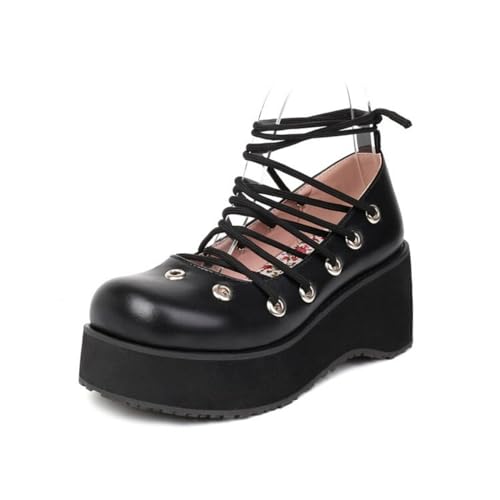 Damen Schnüren Plattform Mary Janes Geschlossene Runde Zehe Lolita Schuhe Hoher Keilabsatz Gothic Punk Schuhe,Schwarz,38 EU von HXTYXCQ