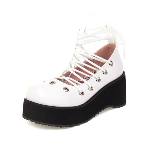 Damen Schnüren Plattform Mary Janes Geschlossene Runde Zehe Lolita Schuhe Hoher Keilabsatz Gothic Punk Schuhe,Weiß,38.5 EU von HXTYXCQ