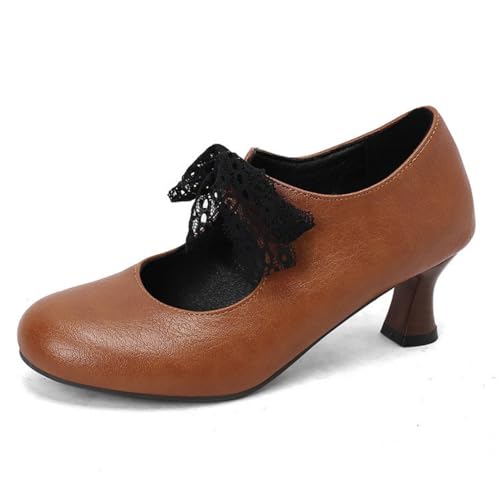 Damen Schnüren Schuhe Mittlerer Kätzchen Absatz Büro Kleid Schuhe Runde Zehe PU Leder Business Pumps,Gelb,41.5 EU von HXTYXCQ
