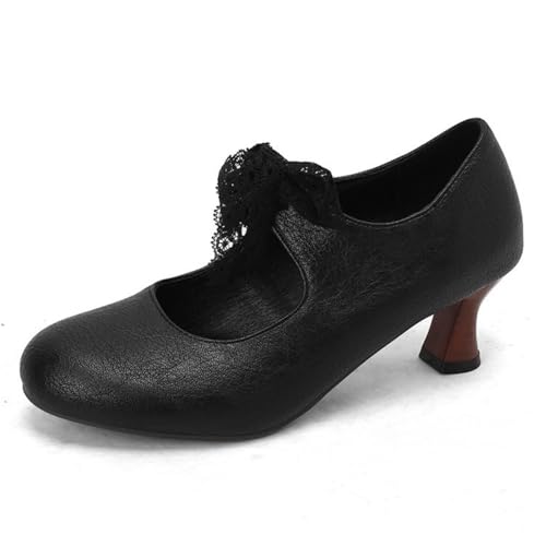 Damen Schnüren Schuhe Mittlerer Kätzchen Absatz Büro Kleid Schuhe Runde Zehe PU Leder Business Pumps,Schwarz,41.5 EU von HXTYXCQ