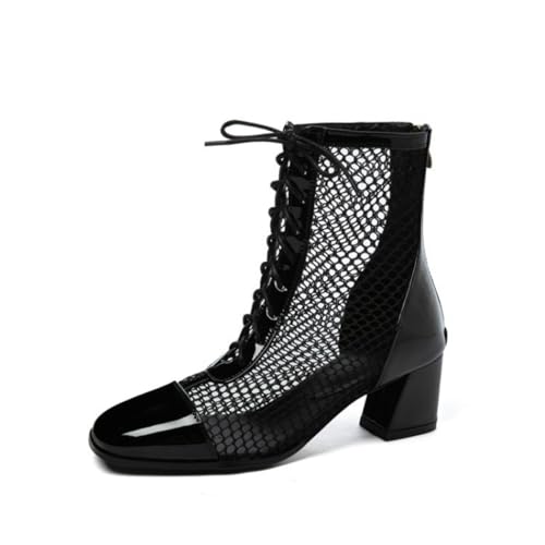 Damen Schnüren Sommerstiefel Mit Reißverschluss Geschlossene Quadratischer Zehen Kurze Stiefel Lackleder Hohen Absätzen Sandalen,5.5cm Black,50 EU von HXTYXCQ