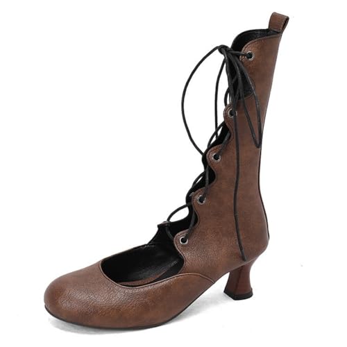 Damen Schnüren Victorian Boots Mittlerer Absatz Gothic Stiefeletten Runde Zehe PU Leder Cosplay Schuhe,Braun,35 EU von HXTYXCQ