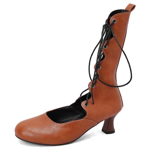 Damen Schnüren Victorian Boots Mittlerer Absatz Gothic Stiefeletten Runde Zehe PU Leder Cosplay Schuhe,Gelb,38 EU von HXTYXCQ
