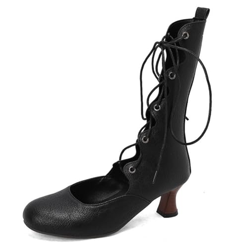 Damen Schnüren Victorian Boots Mittlerer Absatz Gothic Stiefeletten Runde Zehe PU Leder Cosplay Schuhe,Schwarz,41 EU von HXTYXCQ