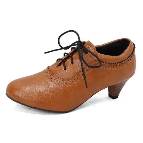 Damen Schnüren Vintage Brogue Schuhe Mittlerer Kätzchen Ferse Kleid Pumps Geschlossene Zehen PU Leder Oxfords,Gelb,35 EU von HXTYXCQ