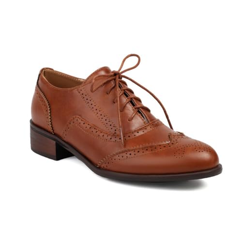 Damen Schnürschuhe Vintage Oxford Schuhe Geschlossene Zehen PU Leder Brogue Schuhe Niedrigem Absatz Kleid Ballerinas,Braun,38.5 EU von HXTYXCQ
