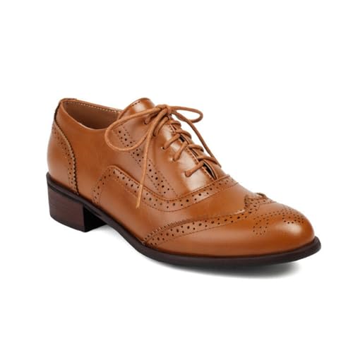 Damen Schnürschuhe Vintage Oxford Schuhe Geschlossene Zehen PU Leder Brogue Schuhe Niedrigem Absatz Kleid Ballerinas,Gelb,44 EU von HXTYXCQ