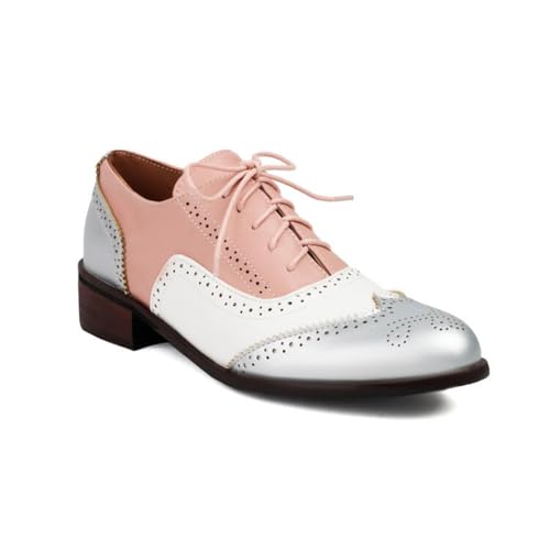 Damen Schnürschuhe Vintage Oxford Schuhe Geschlossene Zehen PU Leder Brogue Schuhe Niedrigem Absatz Kleid Ballerinas,Rosa,37 EU von HXTYXCQ