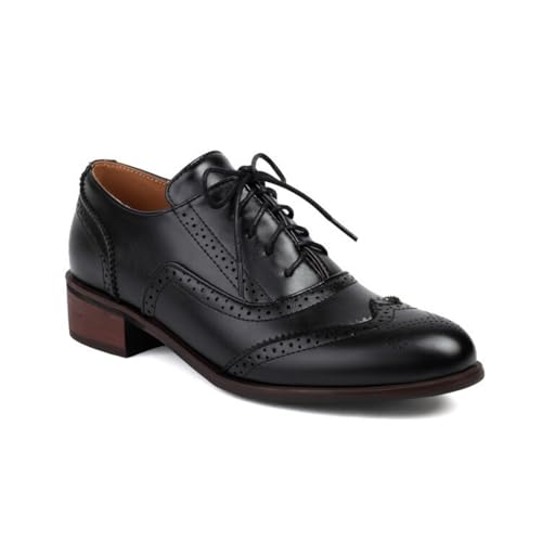 Damen Schnürschuhe Vintage Oxford Schuhe Geschlossene Zehen PU Leder Brogue Schuhe Niedrigem Absatz Kleid Ballerinas,Schwarz,39 EU von HXTYXCQ