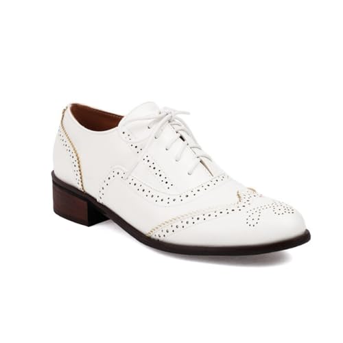 Damen Schnürschuhe Vintage Oxford Schuhe Geschlossene Zehen PU Leder Brogue Schuhe Niedrigem Absatz Kleid Ballerinas,Weiß,36 EU von HXTYXCQ