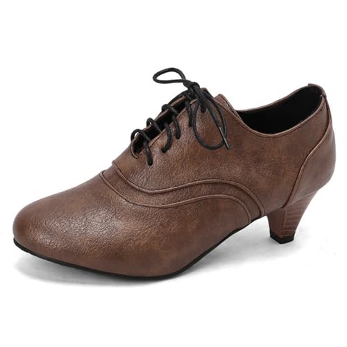 Damen Schnürung Vintage Kleid Schuhe Mittlerer Stämmiger Absatz Brogue Oxfords Geschlossene Zehe Business PU Leder Schuhe,Braun,37 EU von HXTYXCQ