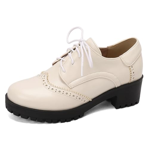 Damen Schwarz PU Leder Brogue Oxfords Schnüren Büro Kleid Schuhe Mittlerer Stämmiger Ferse Plateau Vintage Schuhe,Beige,42 EU von HXTYXCQ