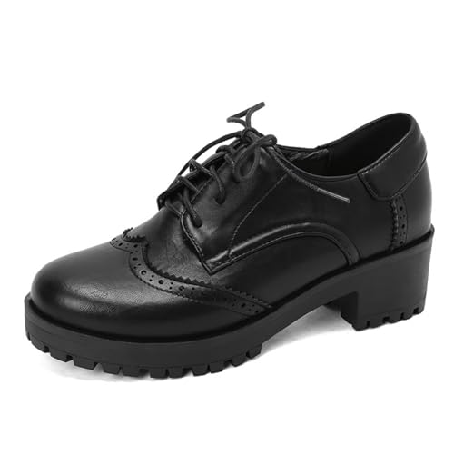 Damen Schwarz PU Leder Brogue Oxfords Schnüren Büro Kleid Schuhe Mittlerer Stämmiger Ferse Plateau Vintage Schuhe,Schwarz,40 EU von HXTYXCQ