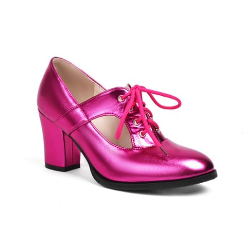 Damen Silber Metallic Schnüren Heels Blockabsatz Retro Kleid Pumps Runde Zehe Abend Partei Abschlussball Schuhe,Fuchsia,46 EU von HXTYXCQ