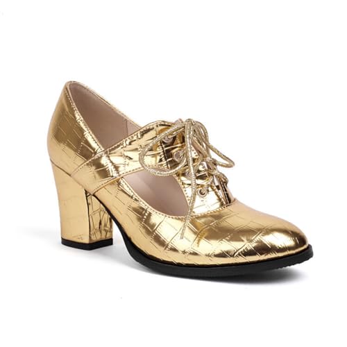 Damen Silber Metallic Schnüren Heels Blockabsatz Retro Kleid Pumps Runde Zehe Abend Partei Abschlussball Schuhe,Gold,38 EU von HXTYXCQ