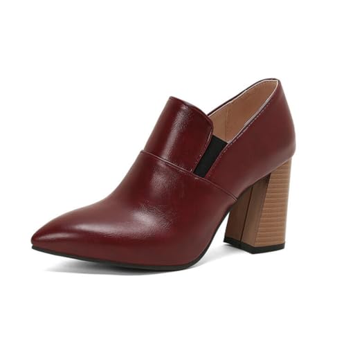 Damen Slip-Auf Stiefeletten Spitz - Zehen PU-Leder Mary Janes Stämmiger Blockabsatz Büro Kleid Schuhe,Burgundy,45 EU von HXTYXCQ
