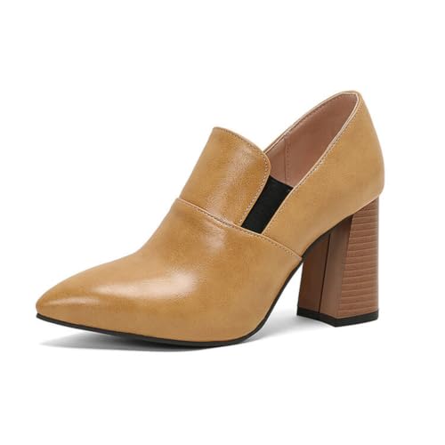 Damen Slip-Auf Stiefeletten Spitz - Zehen PU-Leder Mary Janes Stämmiger Blockabsatz Büro Kleid Schuhe,Gelb,42 EU von HXTYXCQ
