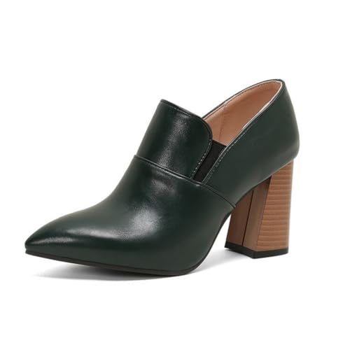 Damen Slip-Auf Stiefeletten Spitz - Zehen PU-Leder Mary Janes Stämmiger Blockabsatz Büro Kleid Schuhe,Green1,41.5 EU von HXTYXCQ