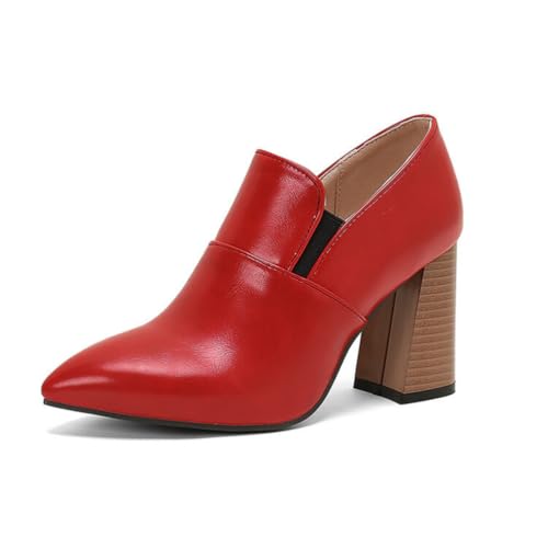 Damen Slip-Auf Stiefeletten Spitz - Zehen PU-Leder Mary Janes Stämmiger Blockabsatz Büro Kleid Schuhe,Rot,38 EU von HXTYXCQ