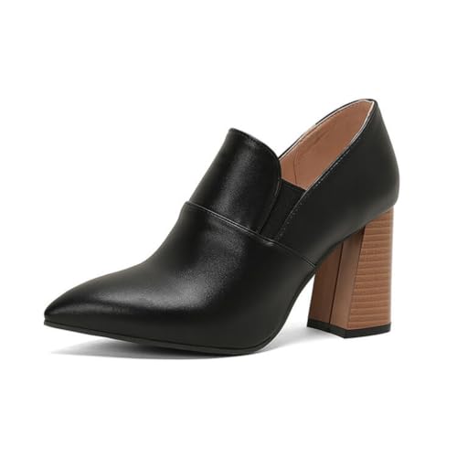 Damen Slip-Auf Stiefeletten Spitz - Zehen PU-Leder Mary Janes Stämmiger Blockabsatz Büro Kleid Schuhe,Schwarz,45 EU von HXTYXCQ