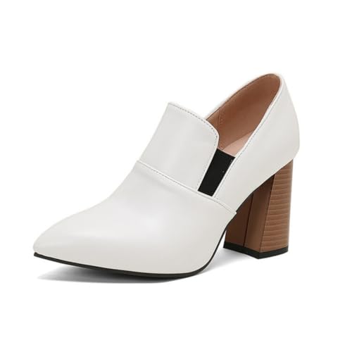 Damen Slip-Auf Stiefeletten Spitz - Zehen PU-Leder Mary Janes Stämmiger Blockabsatz Büro Kleid Schuhe,Weiß,41.5 EU von HXTYXCQ
