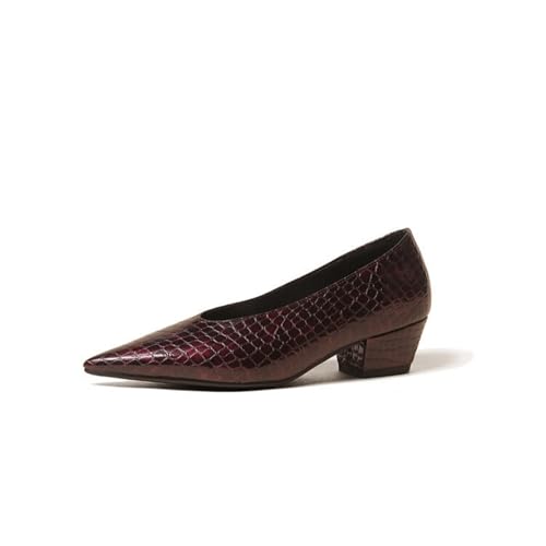 Damen Spitz - Zehen Court-Schuhe Komfort Slip Auf Mary Janes Niedrigem Blockabsatz Bürokleid Pumps,Burgundy,35 EU von HXTYXCQ