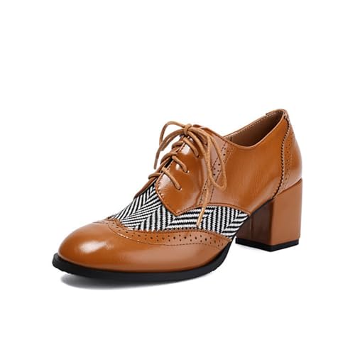 Damen Spitz Zehen Oxford Schuhe Schnürung Wingtip Brogue Pumps Mittlerer Stämmiger Ferse Vintage Kleid Schuhe,Gelb,38.5 EU von HXTYXCQ