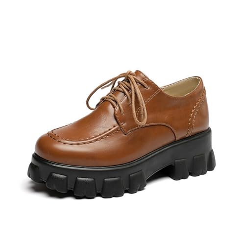 Damen Stämmiger Ferse Plateau Oxford & Derby Schnüren Office Kleid Schuhe Geschlossene Runde Zehen PU-Leder Freizeitschuhe,Braun,35.5 EU von HXTYXCQ