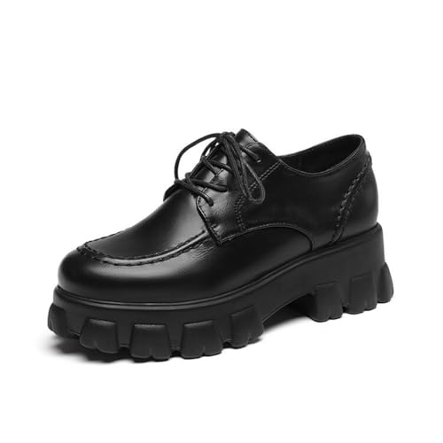 Damen Stämmiger Ferse Plateau Oxford & Derby Schnüren Office Kleid Schuhe Geschlossene Runde Zehen PU-Leder Freizeitschuhe,Schwarz,37 EU von HXTYXCQ