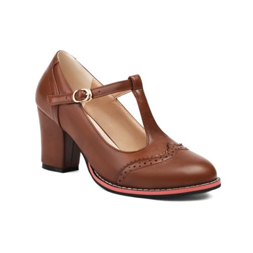 Damen T-Riemen Brogue Oxford Schuhe Runde Zehen PU Leder Mary Janes Hoher Stämmiger Absatz Vintage Kleid Schuhe,Braun,39 EU von HXTYXCQ