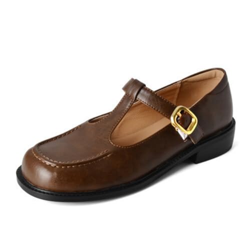 Damen T-Riemen Mary Janes Mit Schnalle Flache Absatz Vintage Kleid Schuhe Bequeme Runde Zehe Uniform Schuhe,Braun,38.5 EU von HXTYXCQ