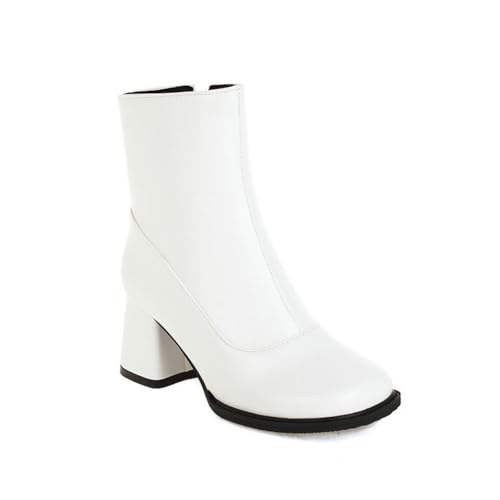 HXTYXCQ Damen Geschlossene Quadratischer Zehen Stiefeletten Mittlerer Stämmiger Absatz Bürokleid Kurze Stiefeletten Seitlichem Reißverschluss Chelsea-Stiefel,Weiß,39 EU von HXTYXCQ