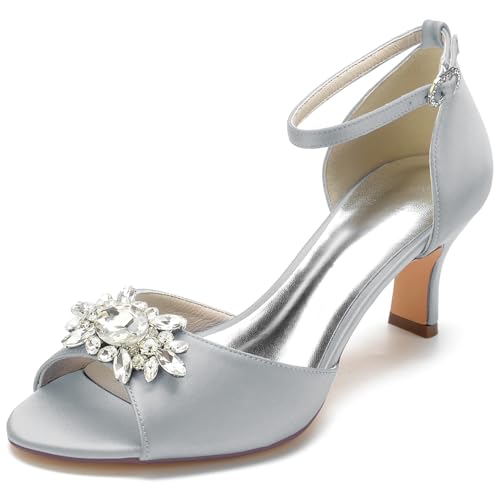 HXTYXCQ Damen Knöchelriemen Hochzeit Pumps Mit Strass Peep Toe Satin Brautschuhe Abend Partei Abschlussball Kätzchen Mittlerer Absatz Kleid Sandalen,Silber,41 EU von HXTYXCQ