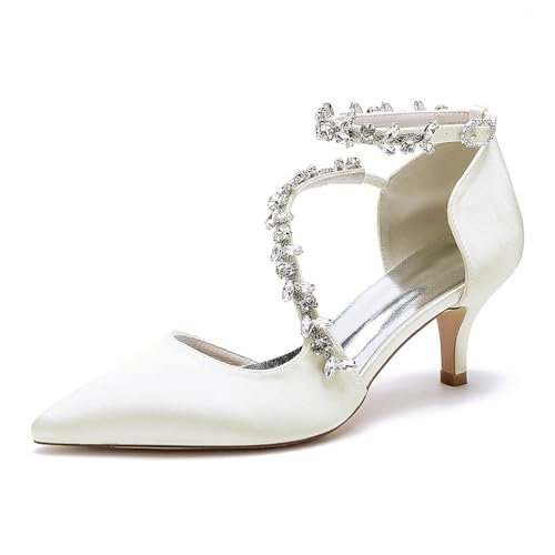 HXTYXCQ Damen Knöchelriemen Hochzeit Pumps Mit Strass Spitz Zehen Satin Brautschuhe Abend Partei Abschlussball Mittlerer Kätzchenabsatz Schuhe,Elfenbein,37 EU von HXTYXCQ