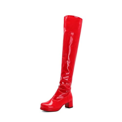 HXTYXCQ Damen Mittlerer Blockabsatz Overknee-Stiefel Runder Zehen Plateau Lange Stiefel Lackleder Oberschenkelhohe Stiefel Mit Reißverschluss,Rot,41 EU von HXTYXCQ