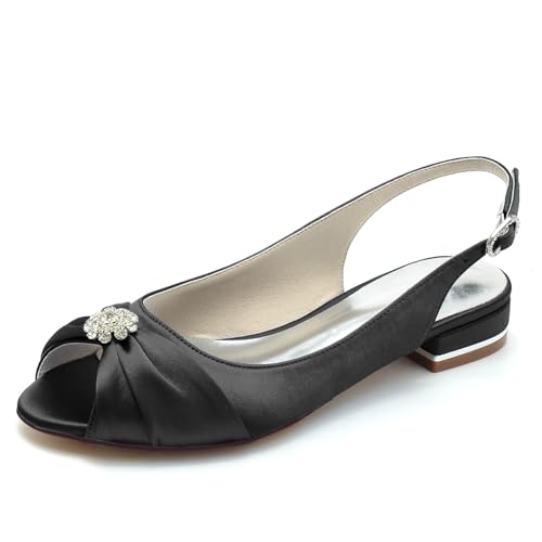 HXTYXCQ Damen Peep Toe Slingback Braut Sandalen Slip Auf Kleid Pumps Mit Strass Komfort Flache Satin Hochzeit Partei Schuhe,Schwarz,41 EU von HXTYXCQ