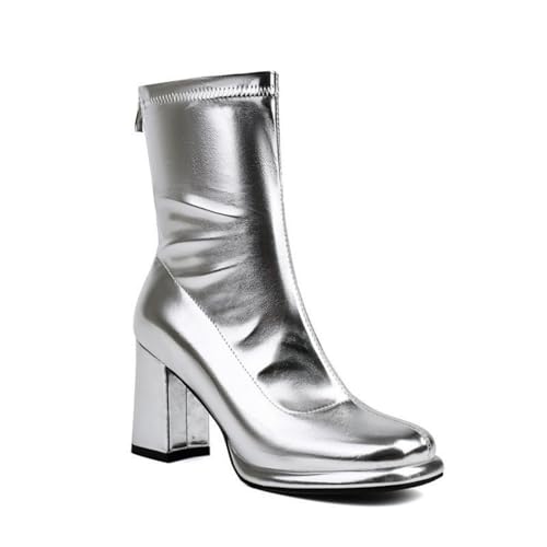 HXTYXCQ Damen Quadratischer Zehen Kurze Stiefel Mit Reißverschluss Hoher Stämmiger Absatz Stiefeletten Leder Plateau Chelsea-Stiefeletten,Silber,39 EU von HXTYXCQ